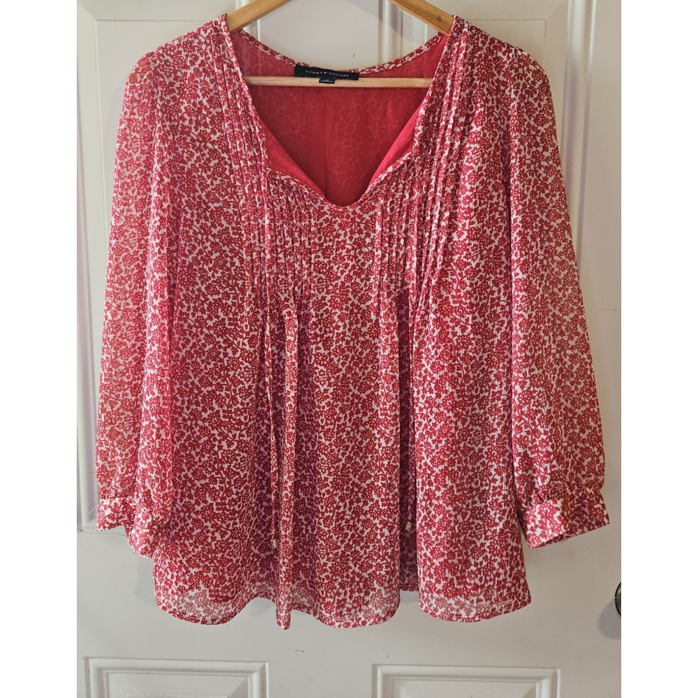 Tommy Hilfiger Women's Floral Peasant Blouse Medium Red‎ White Sheer Lined